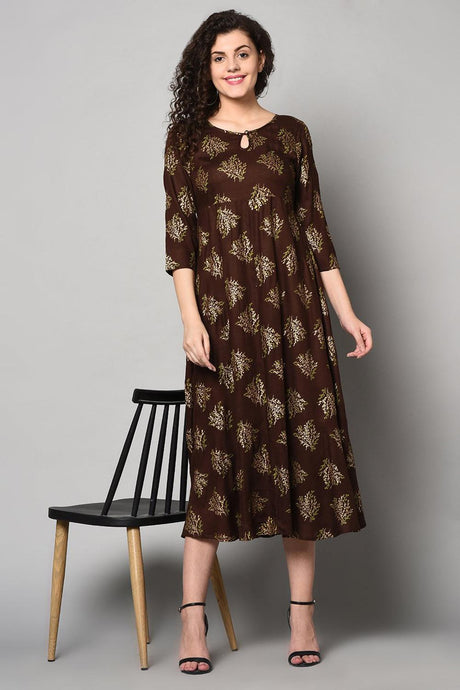 Buy Rayon Foil Print Kurti in Brown and Gold