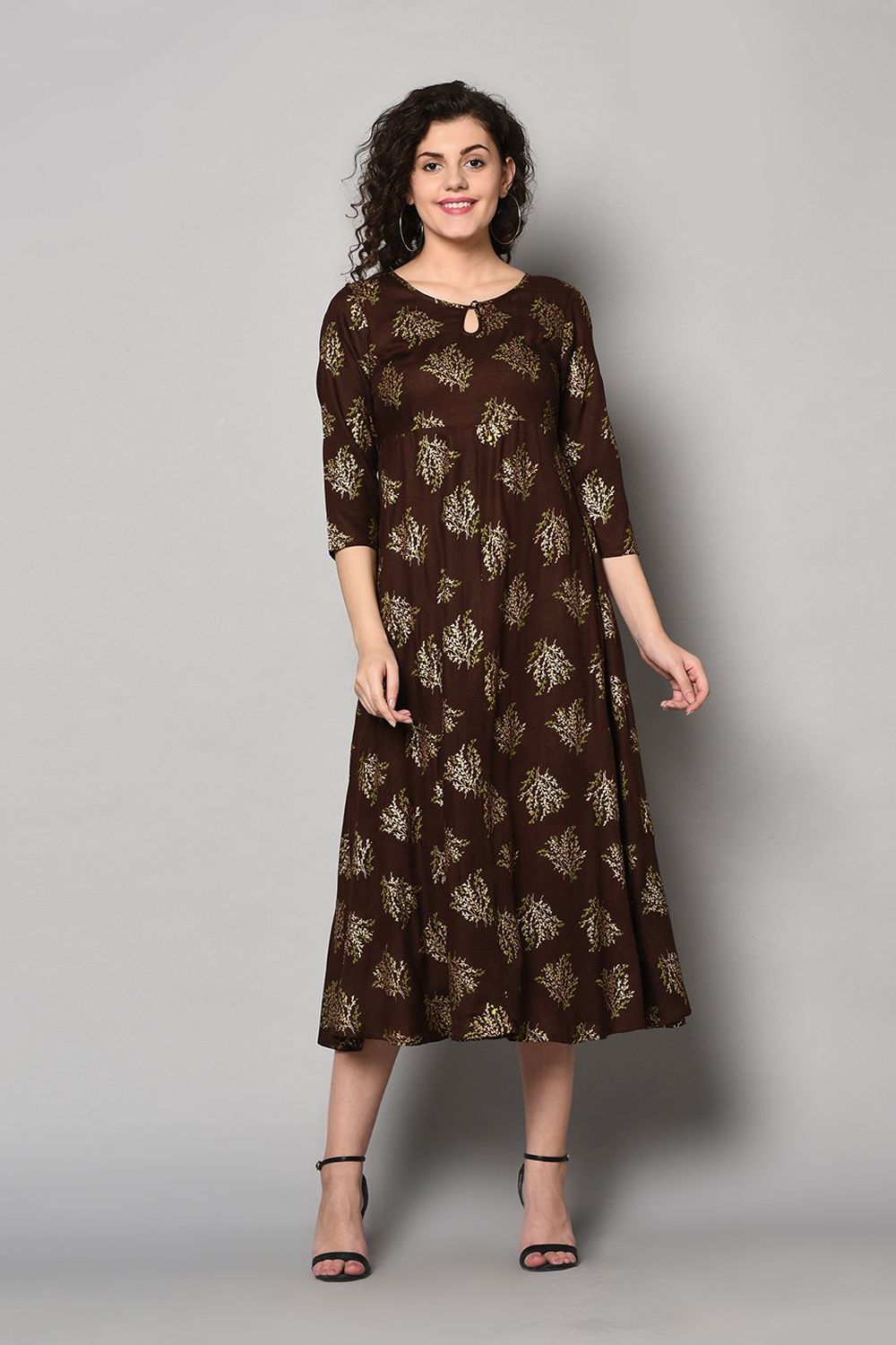 Buy Foil Print Kurti in Brown and Gold