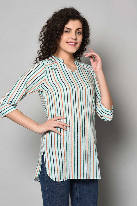 Buy Blended Cotton Stripes Kurti in Sea Blue