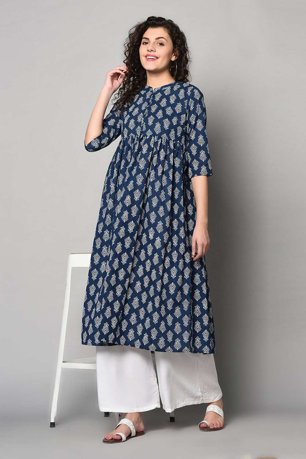 Buy Blended Cotton Stripes Kurti in White