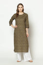 Buy Blended Cotton Floral Kurti in Olive Green