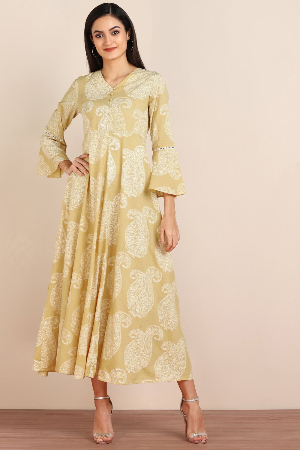 Buy Blended Cotton Paisley Print Dress in Yellow