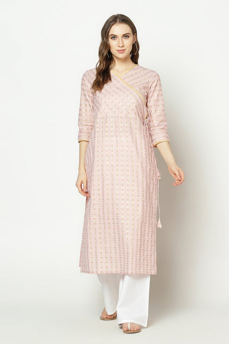 Buy Blended Cotton Stripes Kurti in Pink