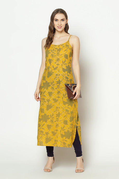Buy Blended Cotton Floral Kurti in Yellow