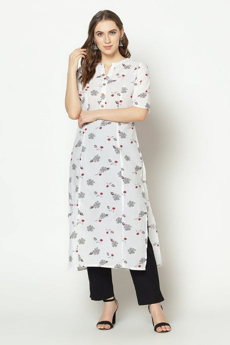 Buy Blended Cotton Floral Kurti in White