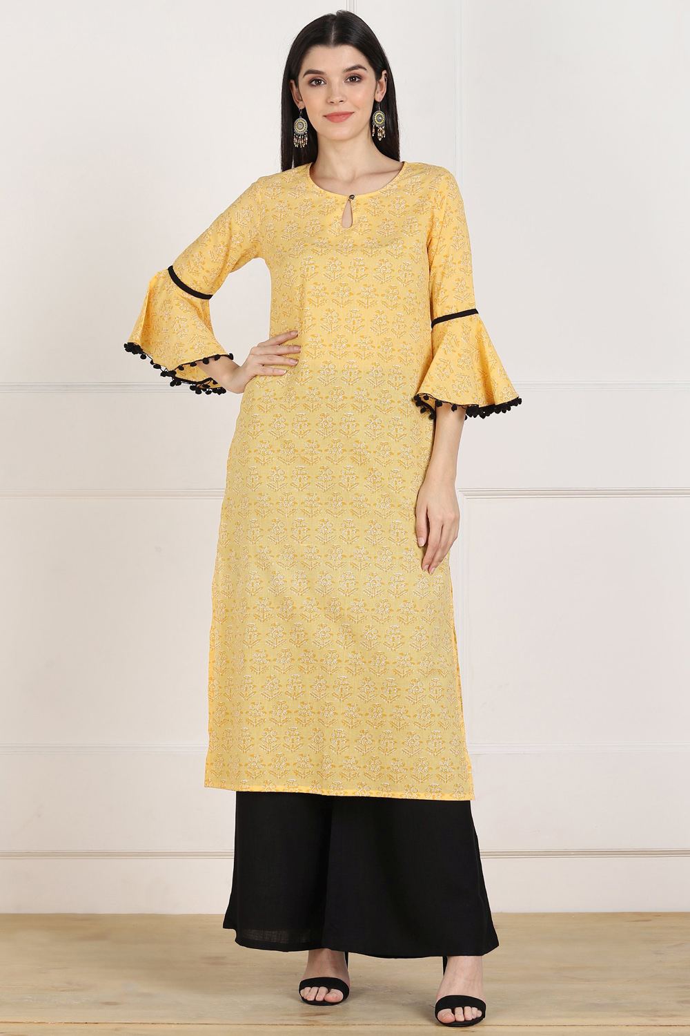 Buy Blended Cotton Kalamkari Kurti in Yellow