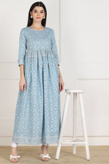 Buy Blended Cotton Foil Print Dress in Sky Blue
