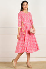 Buy Blended Cotton Ikat Dress in Pink and Gold