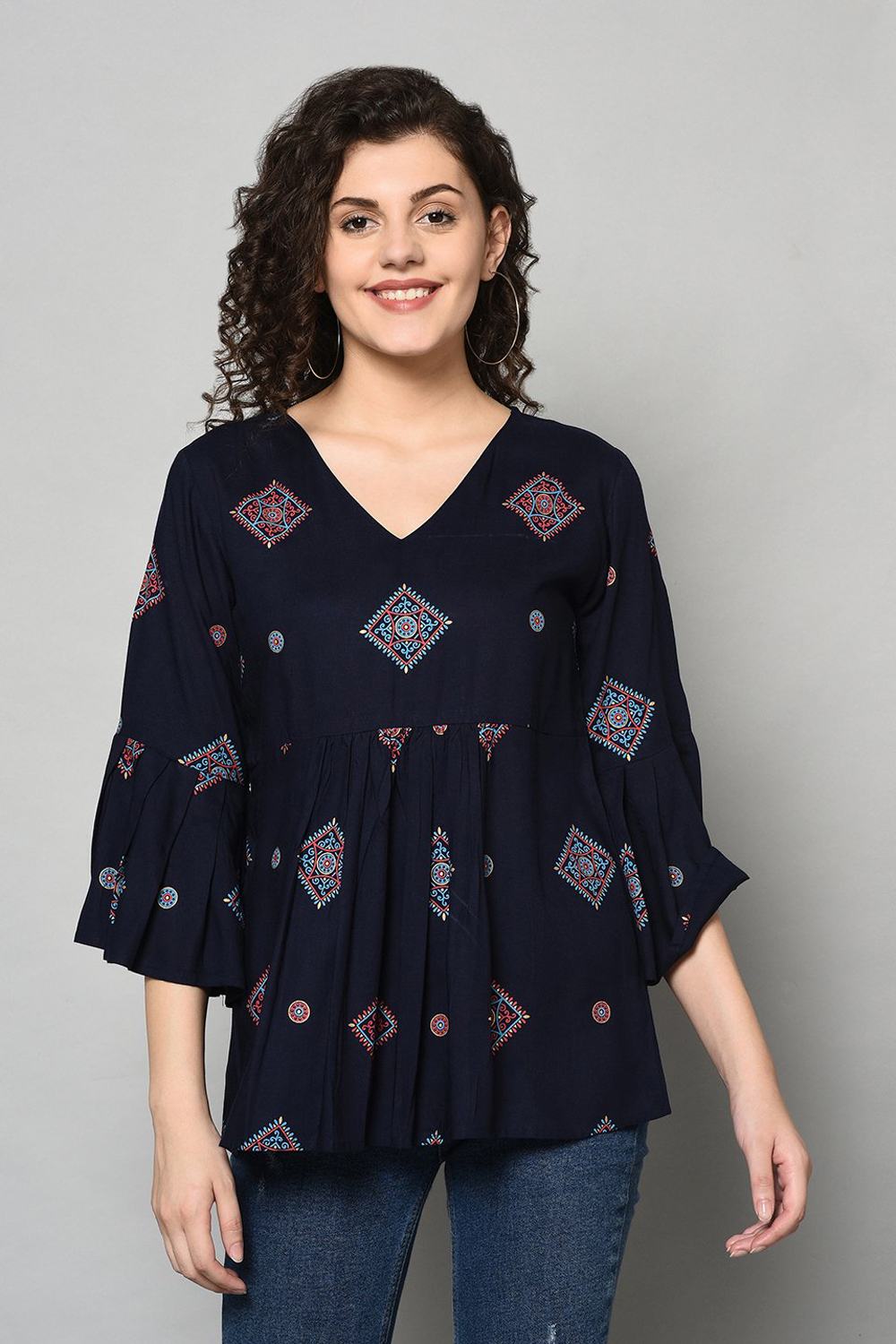 Buy Rayon kalamkari Top in Navy Blue