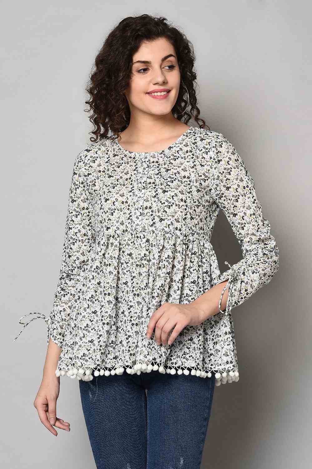 Buy Blended Cotton Floral Top in Off White and Black