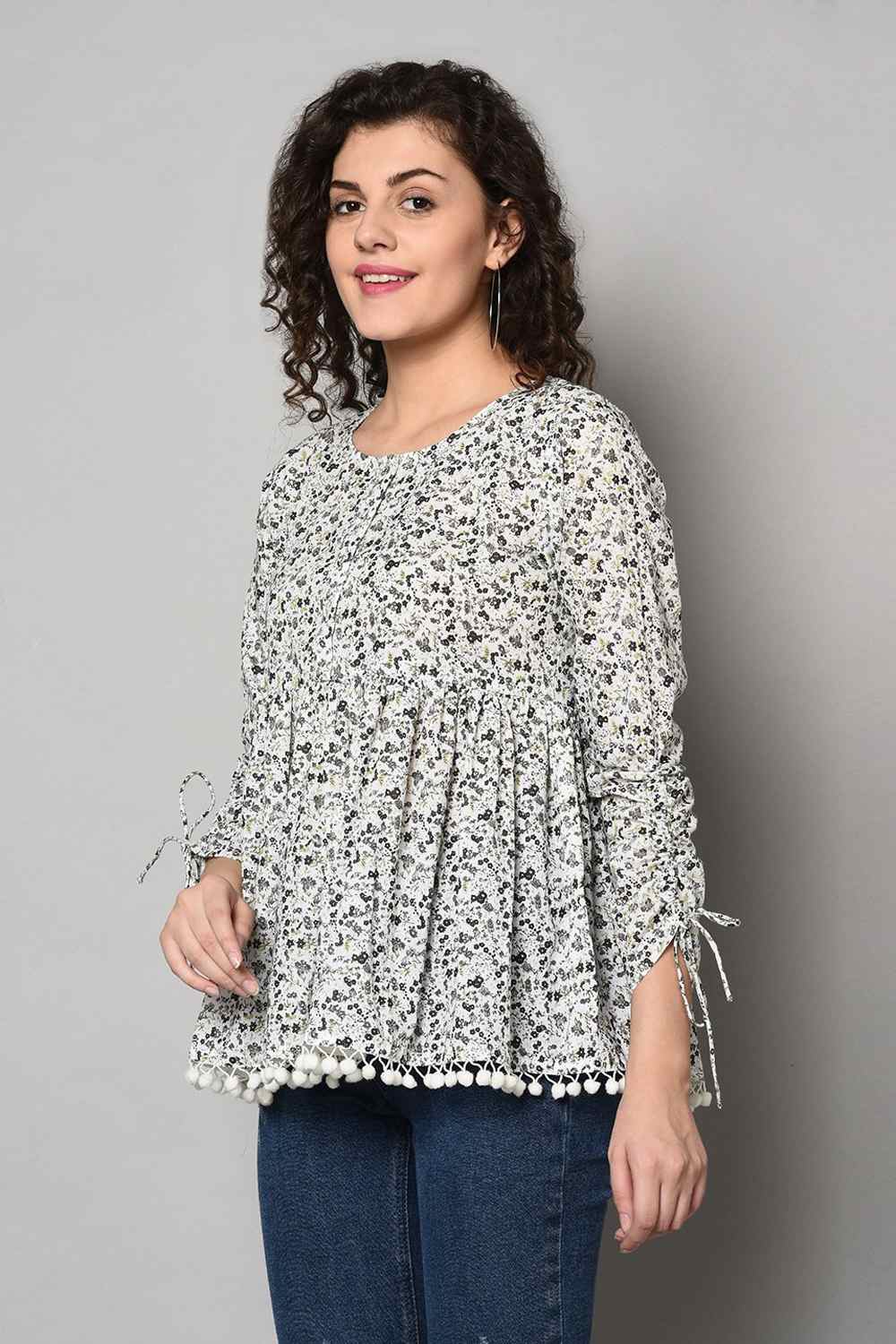 Buy Floral Top in Off White and Black