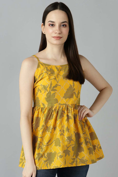 Buy Blended Cotton Floral Top in Yellow and Gold