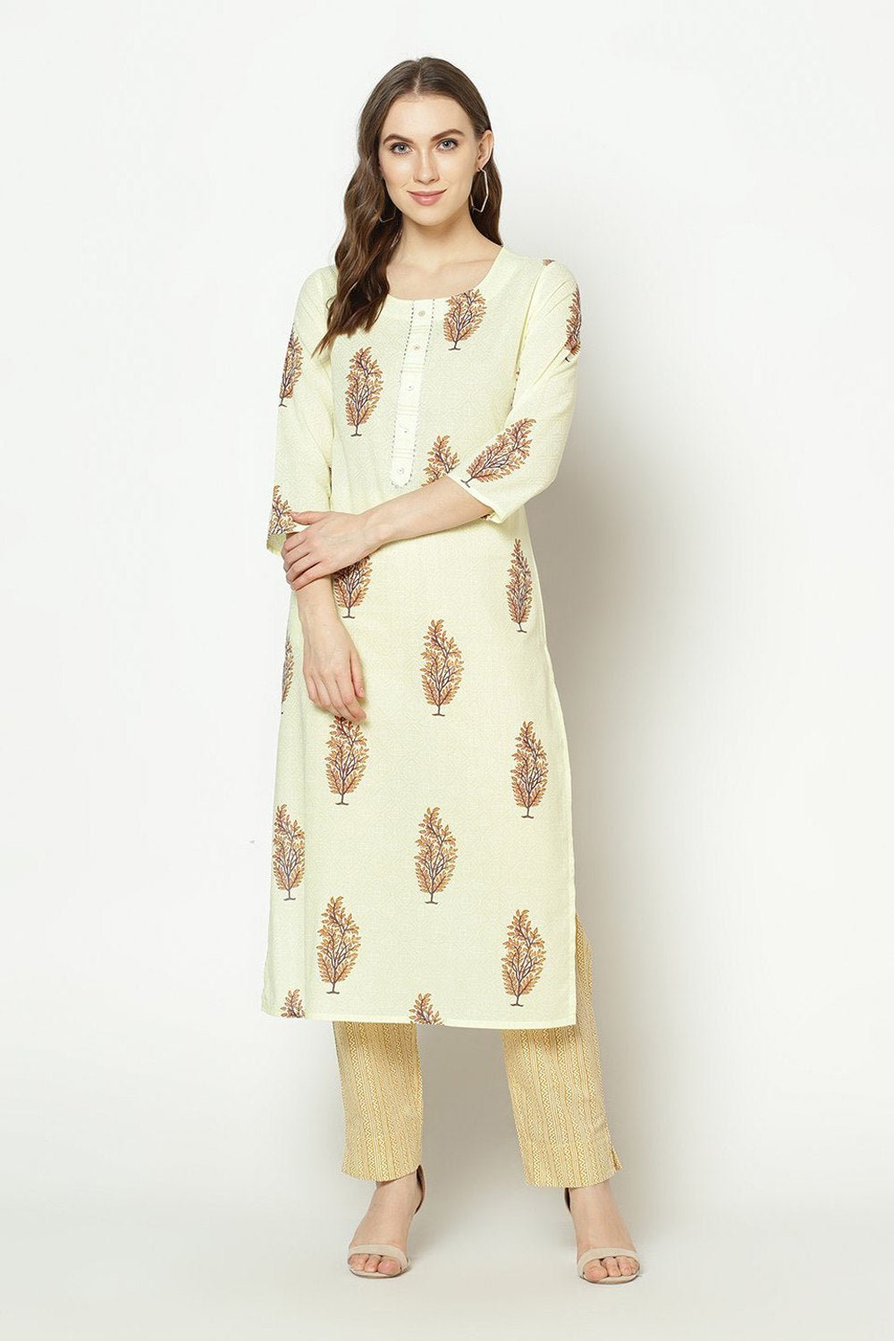 Buy Blended Cotton Paisley Print Kurta Set in Yellow