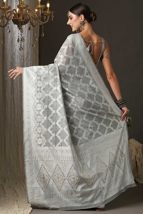 Grey Cotton Silk Ethnic Motif Woven Design Banarasi Saree