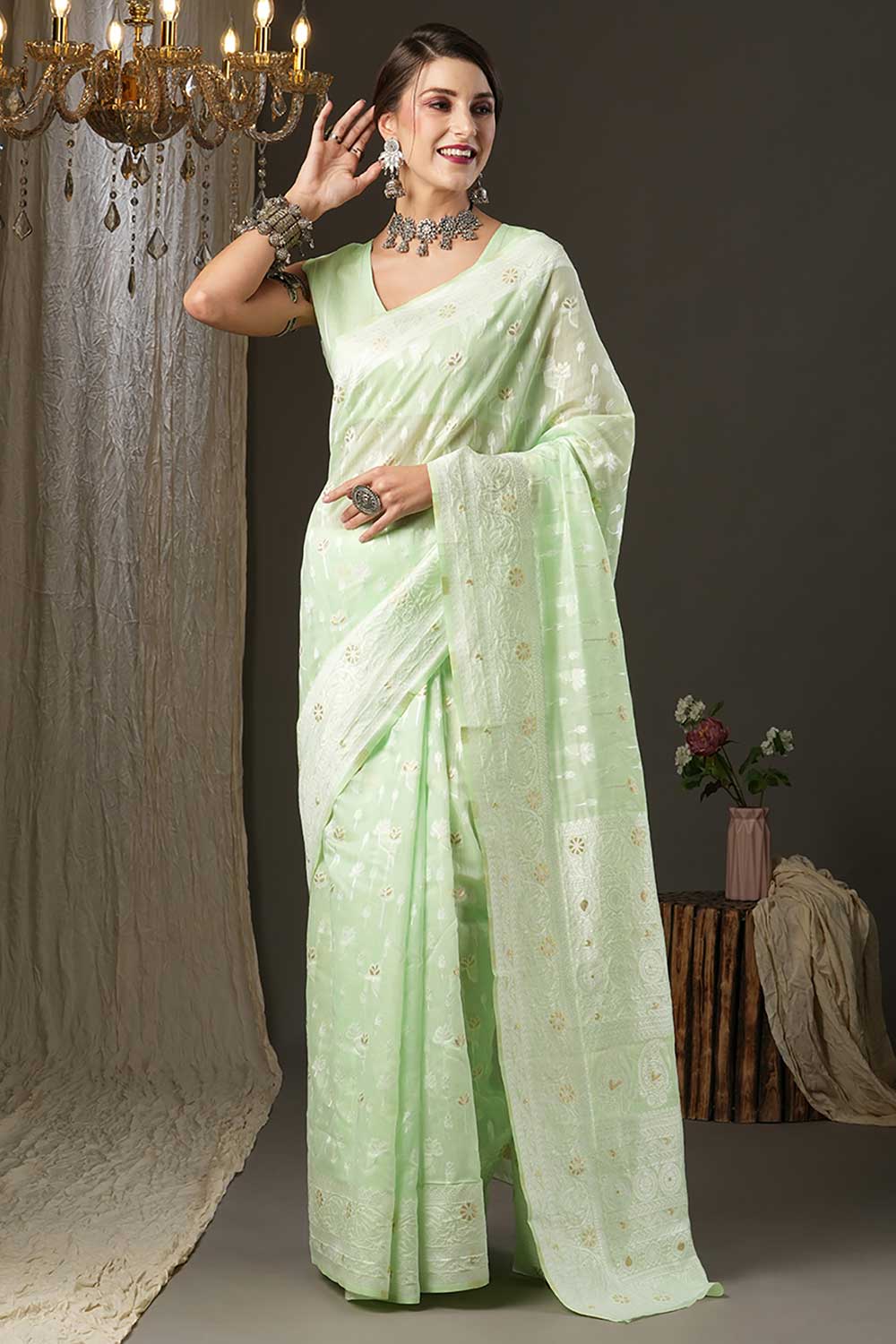 Light Green Cotton Silk Botanical Woven Design Muga Saree