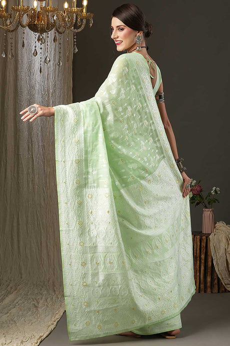 Light Green Cotton Silk Botanical Woven Design Muga Saree