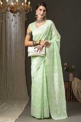 Light Green Cotton Silk Botanical Woven Design Muga Saree