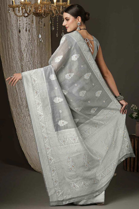 Grey Cotton Silk Bagh Woven Design Banarasi Saree
