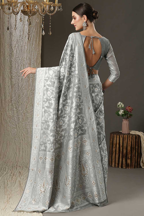 Grey Cotton Silk Botanical Woven Design Banarasi Saree