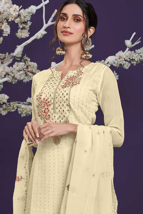 Buy off-white Georgette resham embroidery Sharara Suit Set Online - Back