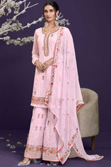 Baby Pink Georgette Resham Embroidery Sharara Suit Set