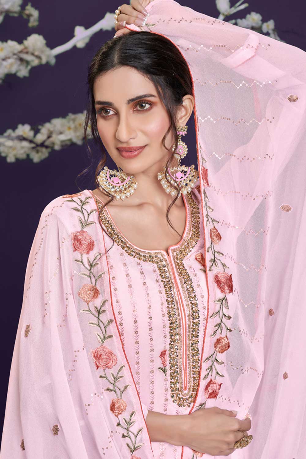 Buy baby-pink Georgette resham embroidery Sharara Suit Set Online - Back