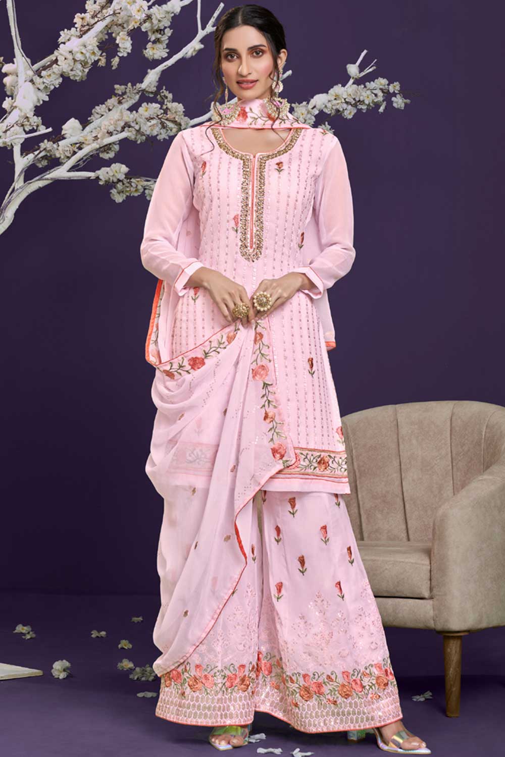 Buy baby-pink Georgette resham embroidery Sharara Suit Set Online - Front