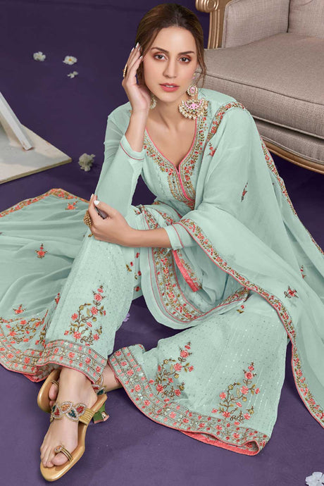 Buy turquoise Georgette resham embroidery Sharara Suit Set Online - Back