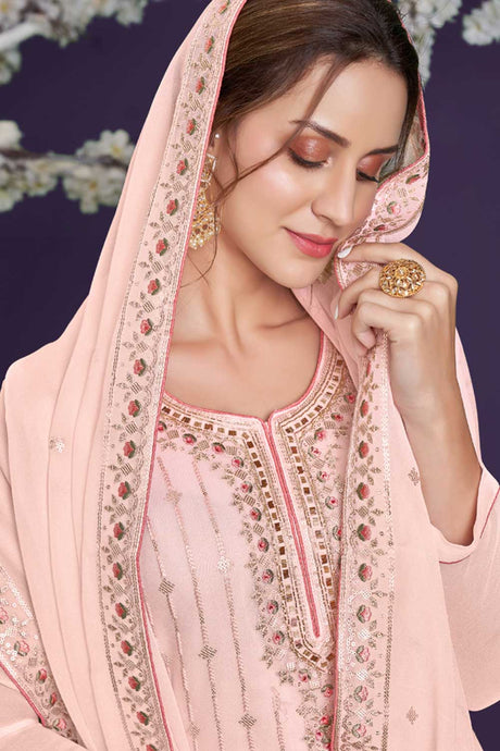 Buy pink Georgette resham embroidery Sharara Suit Set Online - Back