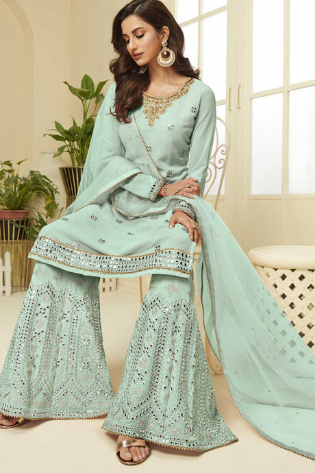 Buy Sky-blue georgette gota patti Sharara Suit Set Online - Back