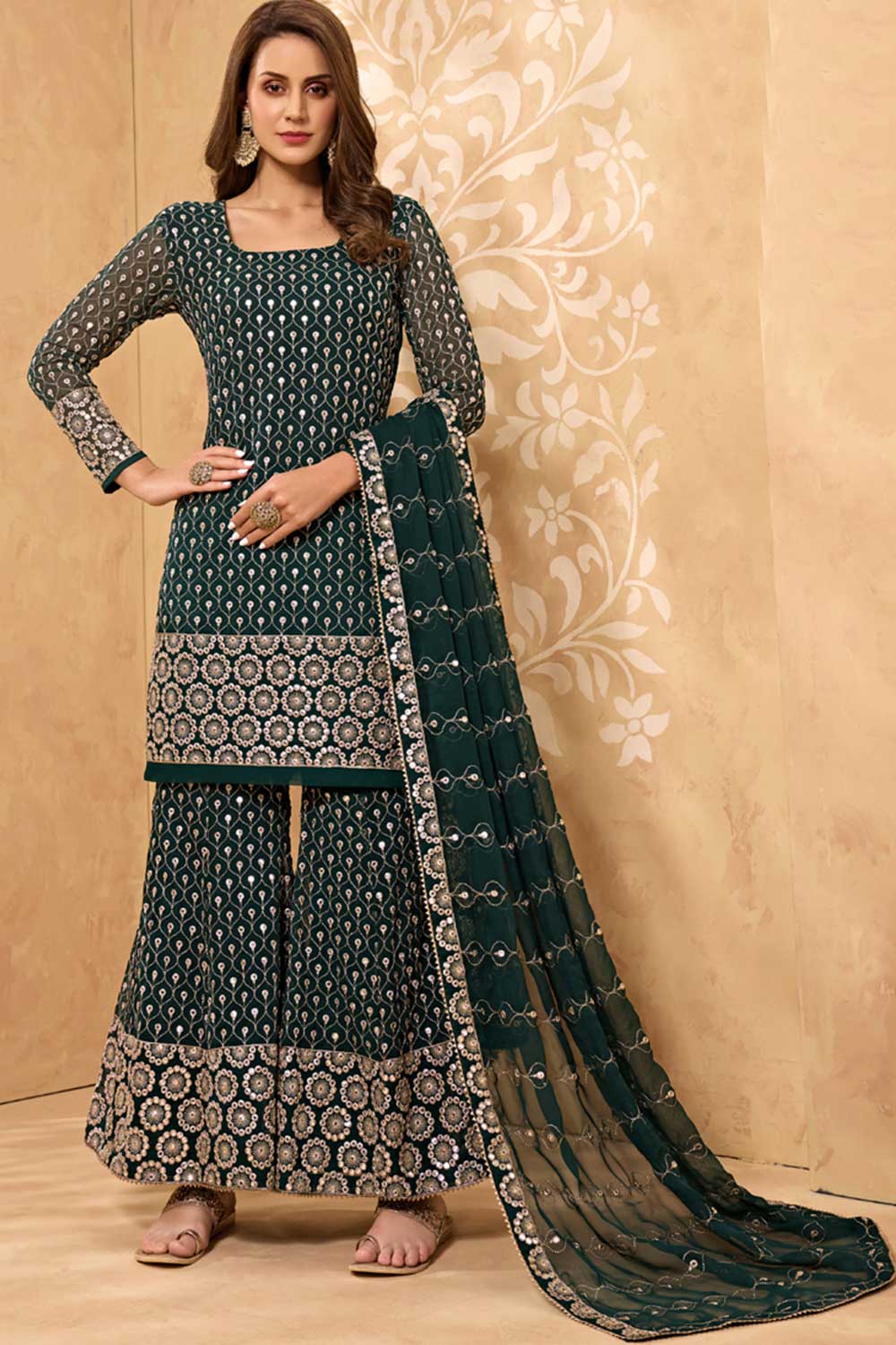 Buy dark-green georgette gota patti Sharara Suit Set Online - Side