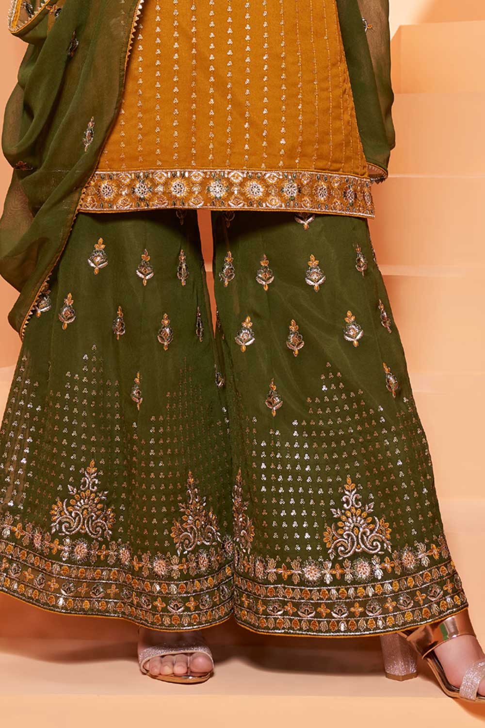 Buy Mustard Georgette resham embroidery Sharara Suit Set Online - Front