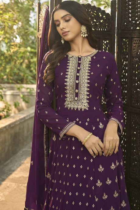 Buy Purple Georgette resham embroidery Anarkali Suit Set Online - Back