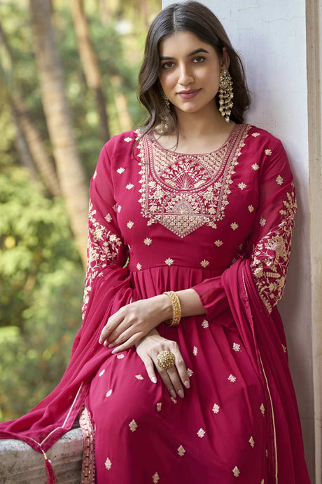 Buy rani-pink Georgette resham embroidery Anarkali Suit Set Online - Back