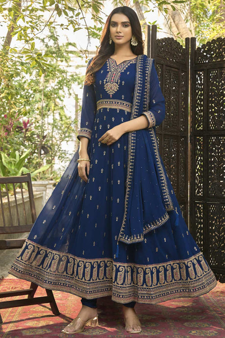 Buy royal-blue Georgette resham embroidery Anarkali Suit Set Online - Back
