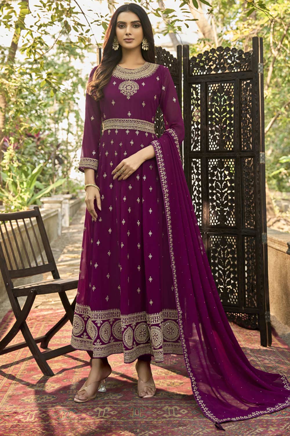 Purple Georgette Resham Embroidery Anarkali Suit Set