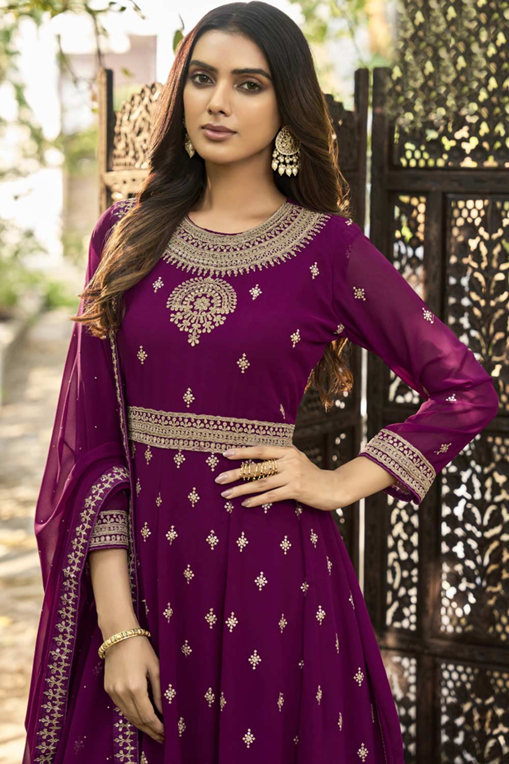 Buy purple Georgette resham embroidery Anarkali Suit Set Online - Front