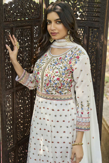 Buy white Georgette resham embroidery Anarkali Suit Set Online - Back