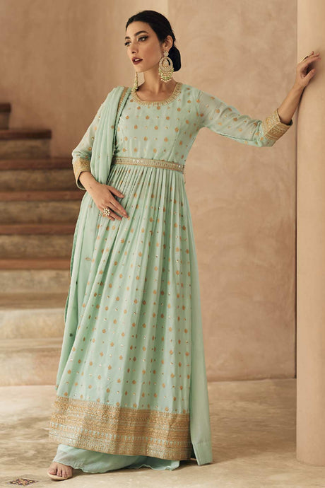Buy Turquoise georgette resham embroidery Anarkali Suit Set Online - Back