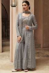 Grey Georgette Resham Embroidery Sharara Suit Set