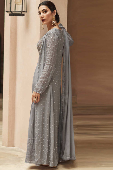 Buy Grey georgette resham embroidery Sharara Suit Set Online - Back