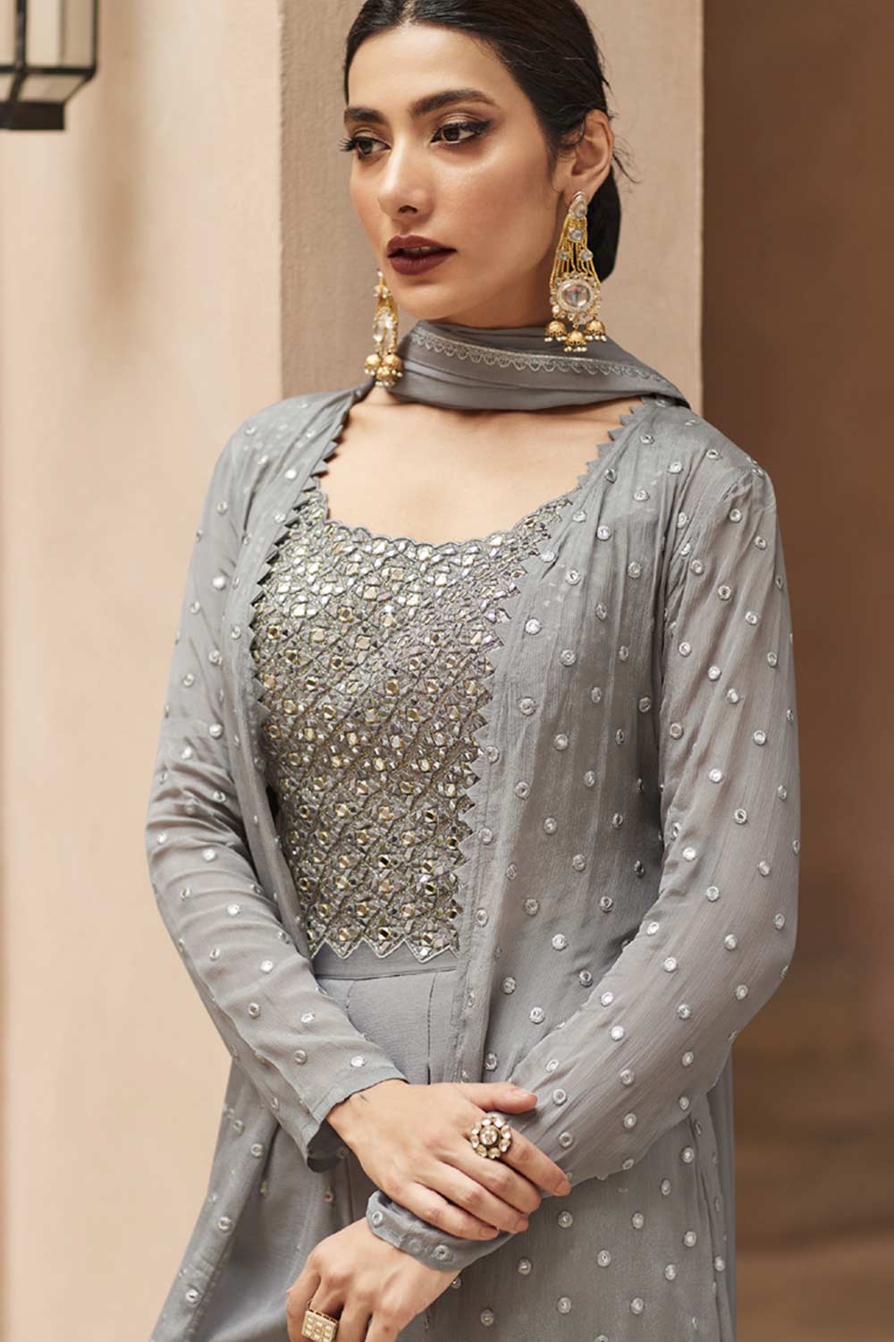 Buy Grey georgette resham embroidery Sharara Suit Set Online - Front