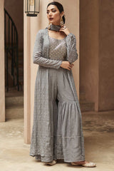 Buy Grey georgette resham embroidery Sharara Suit Set Online - Side