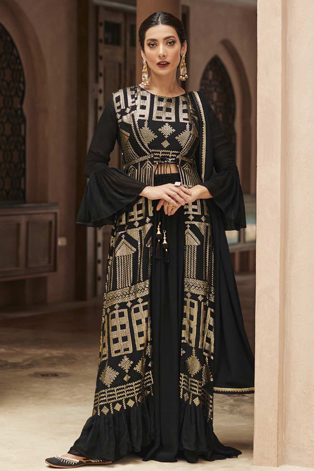 Black Georgette Resham Embroidery Sharara Suit Set