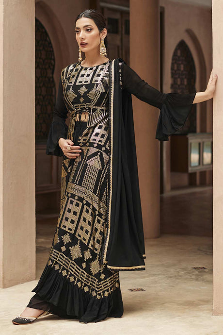 Buy Black georgette resham embroidery Sharara Suit Set Online - Back