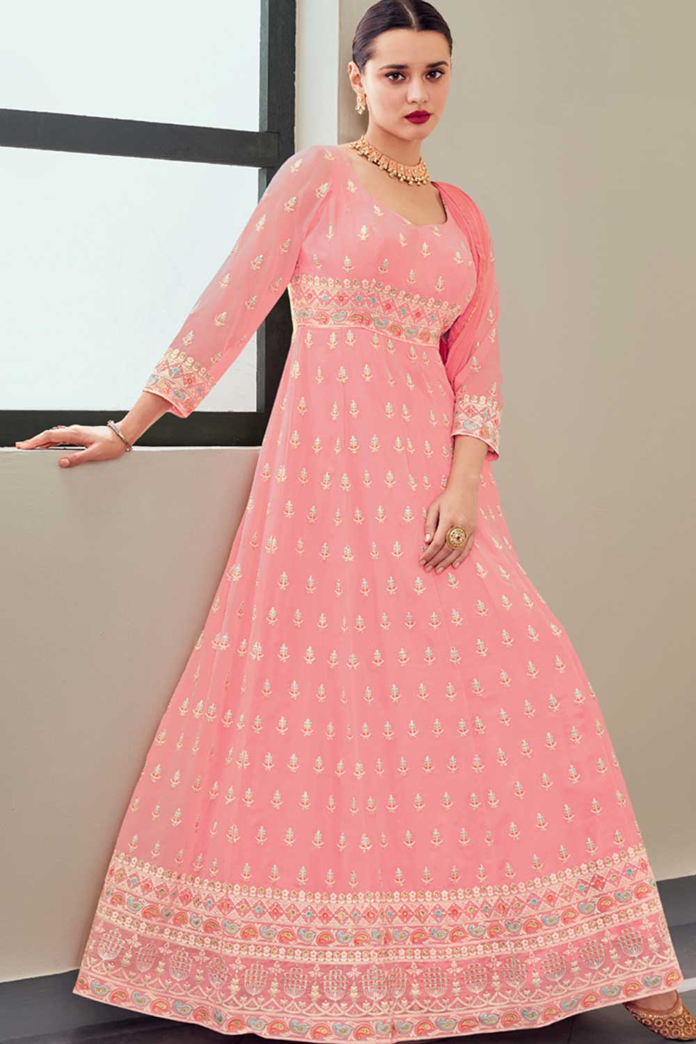 Pink Georgette Resham Embroidery Anarkali Suit Set
