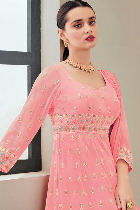 Buy pink georgette resham embroidery Anarkali Suit Set Online - Back