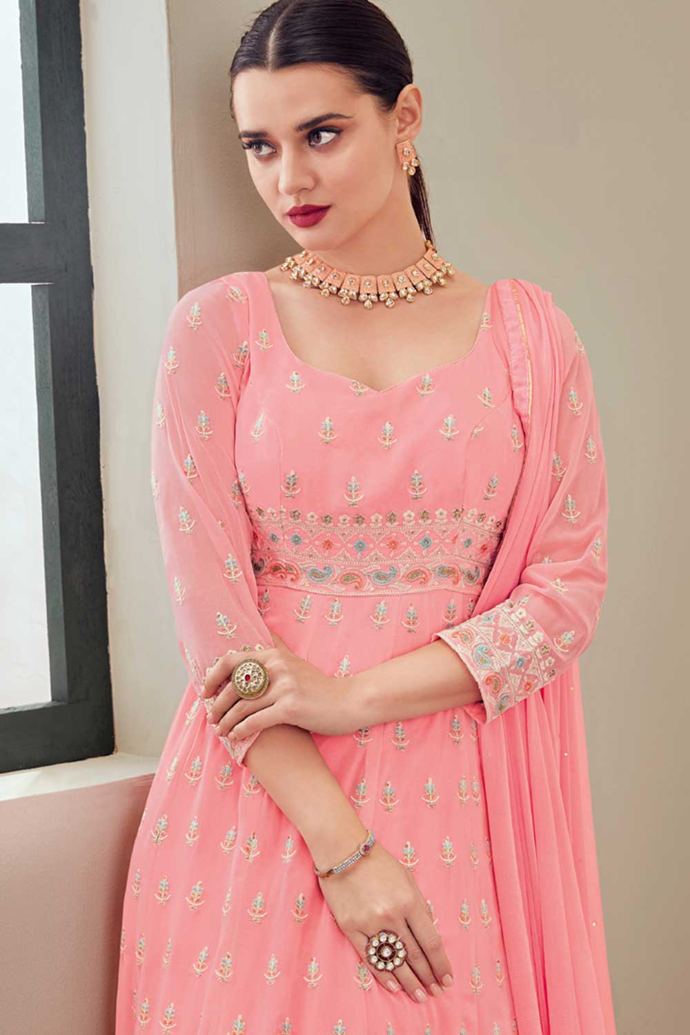 Buy pink georgette resham embroidery Anarkali Suit Set Online - Front