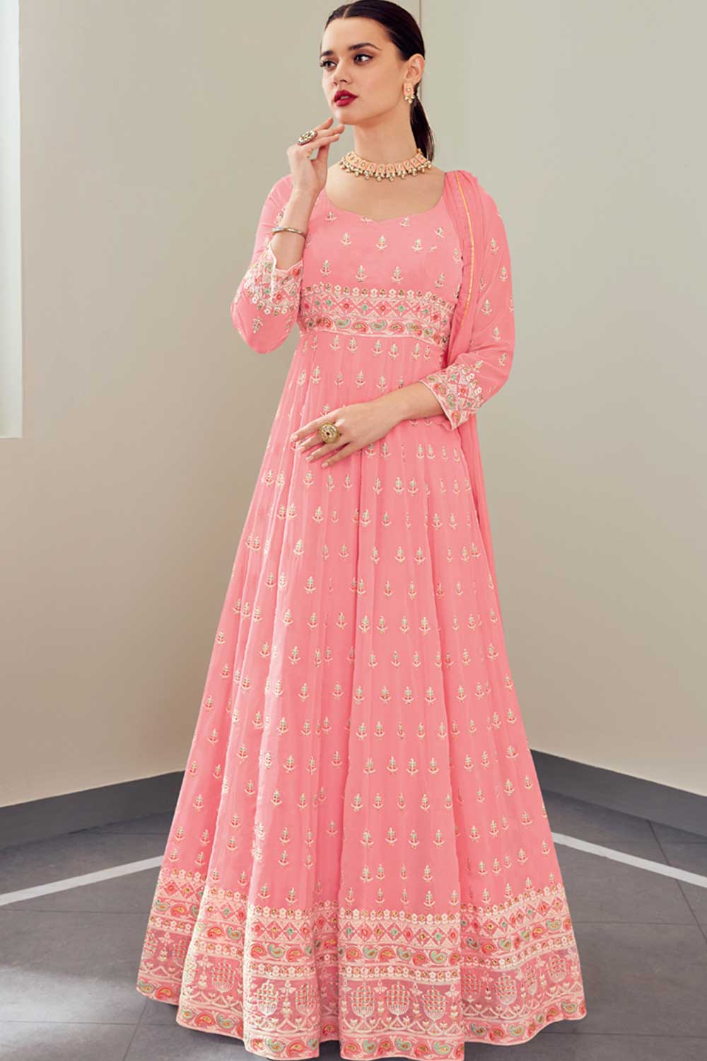 Buy pink georgette resham embroidery Anarkali Suit Set Online - Side