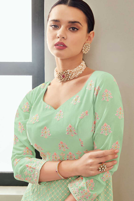 Buy turquoise georgette resham embroidery Anarkali Suit Set Online - Back